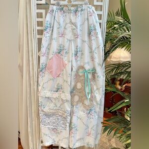 Cottagecore Patchwork floral cotton wide leg pants with Lace and Ribbon